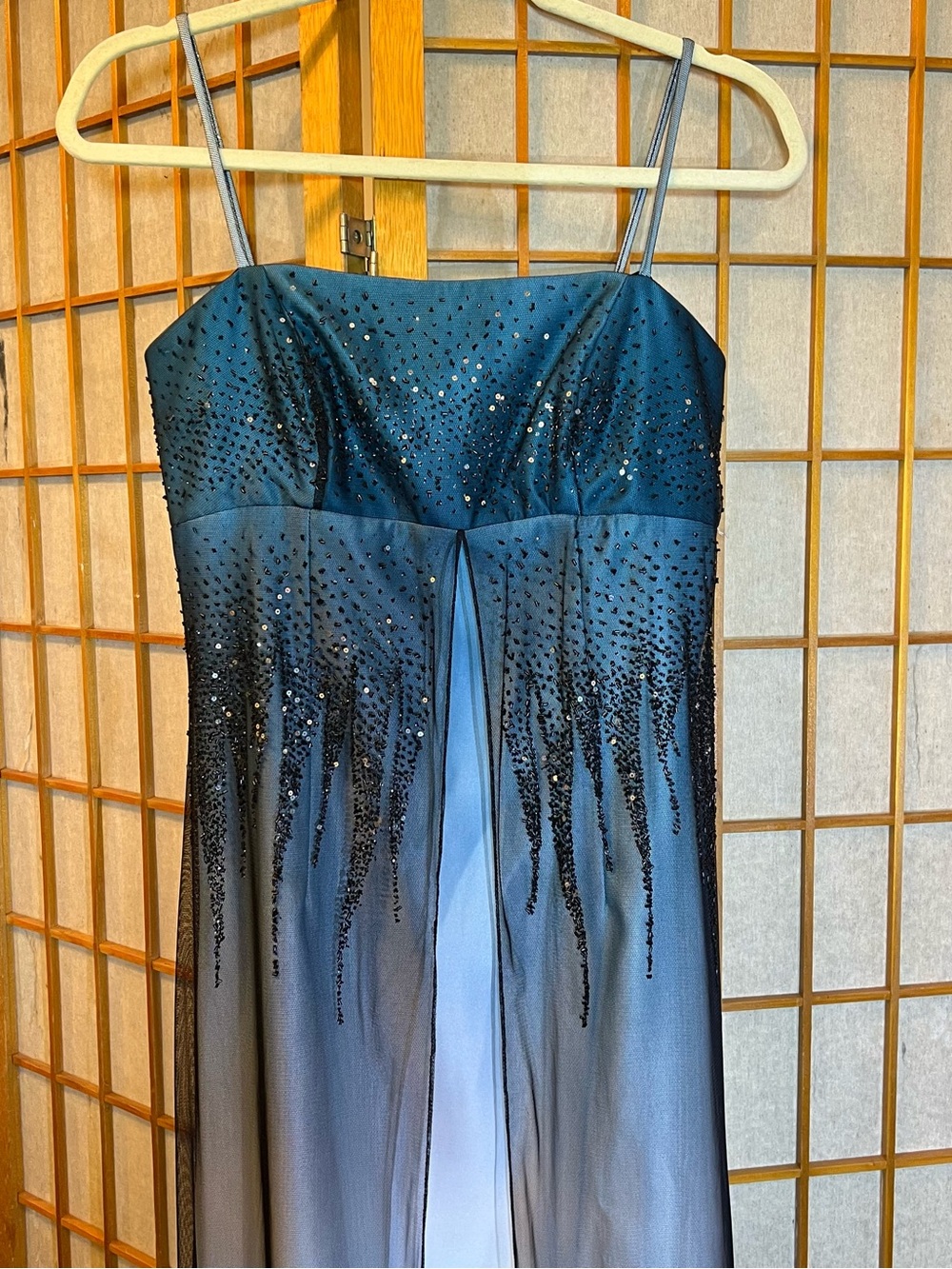 Vintage 90s Y2K Ceci Blue Ombre Beaded Sequin Mesh Overlay Gown Maxi Dress XS